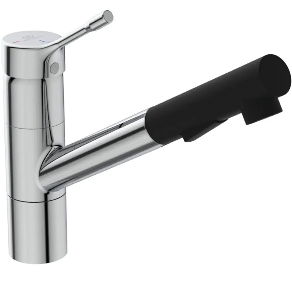 Küchenarmatur von Ideal Standard mit einem modernen Design, einem kombinierten Hebel für Warm- und Kaltwasser und einer herausziehbaren Brause. Farblich in Chrom gehalten.